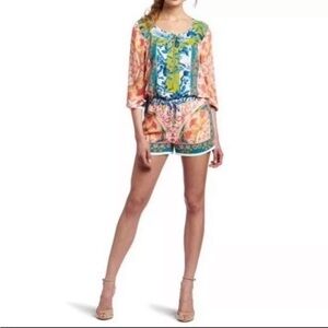 BCBG MaxAzria  Benjamin zipup drawstring waist short jumpsuit romper